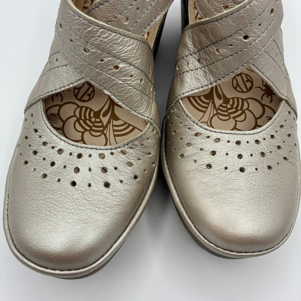 Fly London Yepe Wedge Sandals Womens 38 7.5-8 Gold Leather Perforated Mary Jane - Picture 9 of 15